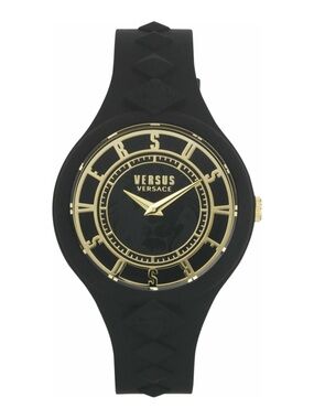 Versus Versace Black and Gold Lion-Emblem Silicone Watch